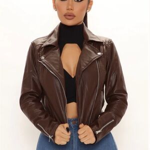 Faux Leather Brown Jacket by FashionNova 
Never Average Moto Jacket - Brown